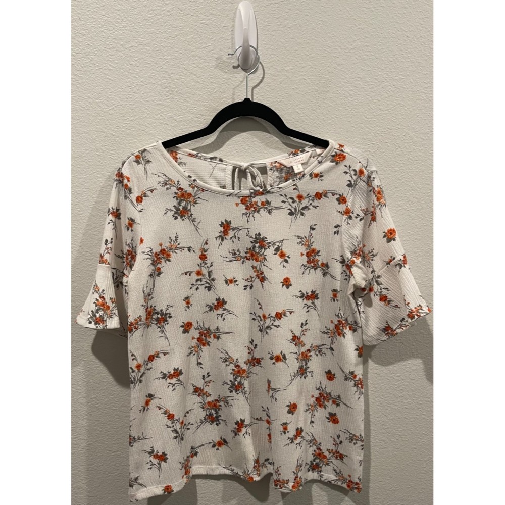 LC LAUREN CONRAD Short Sleeve Floral Antique White Blouse